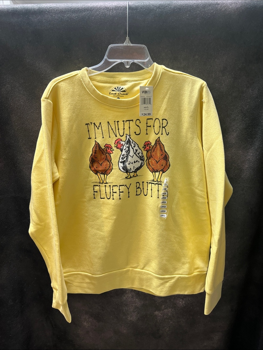 Womenβs Chicken Graphic Sweatshirt Yellow 'I'm Nuts for Fluffy Buttsβ NWT